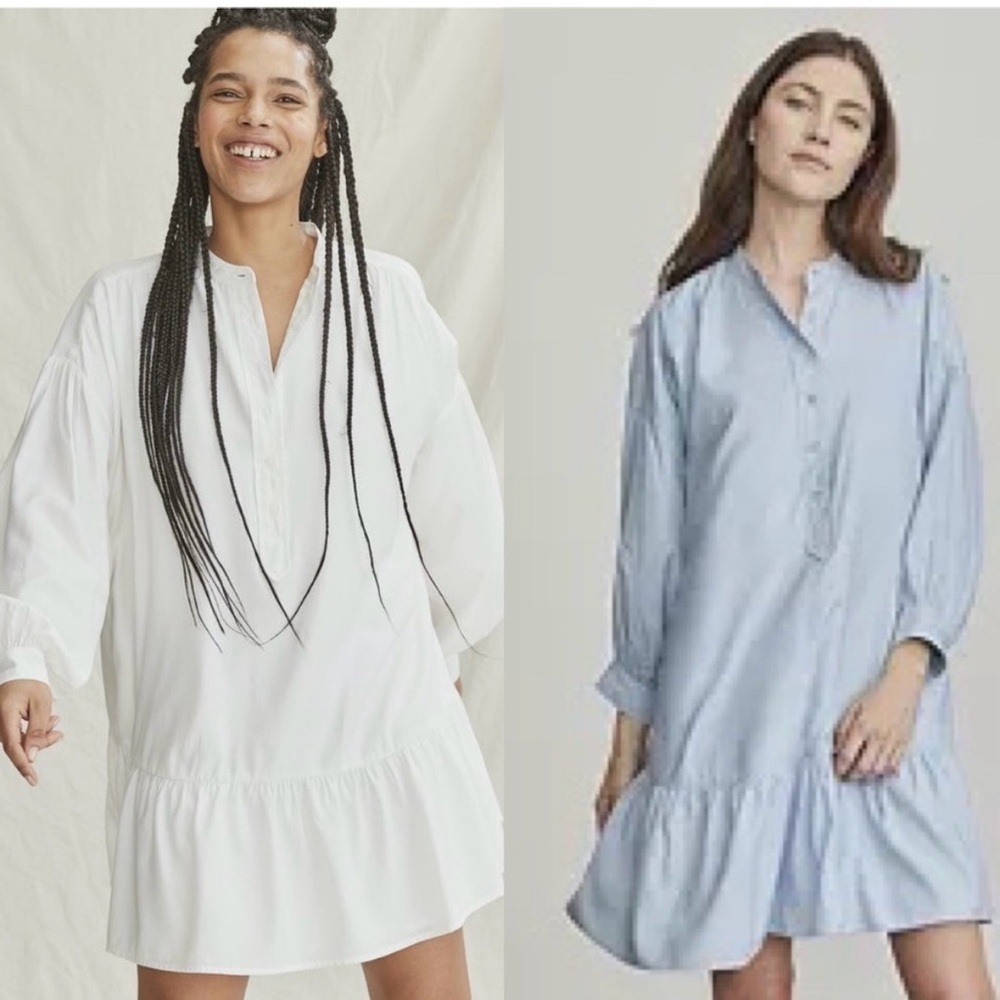 Elizabeth and James White Puff Sleeve Tunic Shirt Dress L | Oversized Ruffle Hem